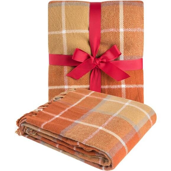 Orange Plaid Blanket Throw Acrylic Soft Reversible Dyed Fringed Bed Blanket Gift - Picture 1 of 8